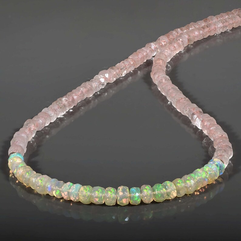 Natural Welo Fire Opal Rose Quartz Beaded Necklace Handmade 925 Sterling Silver