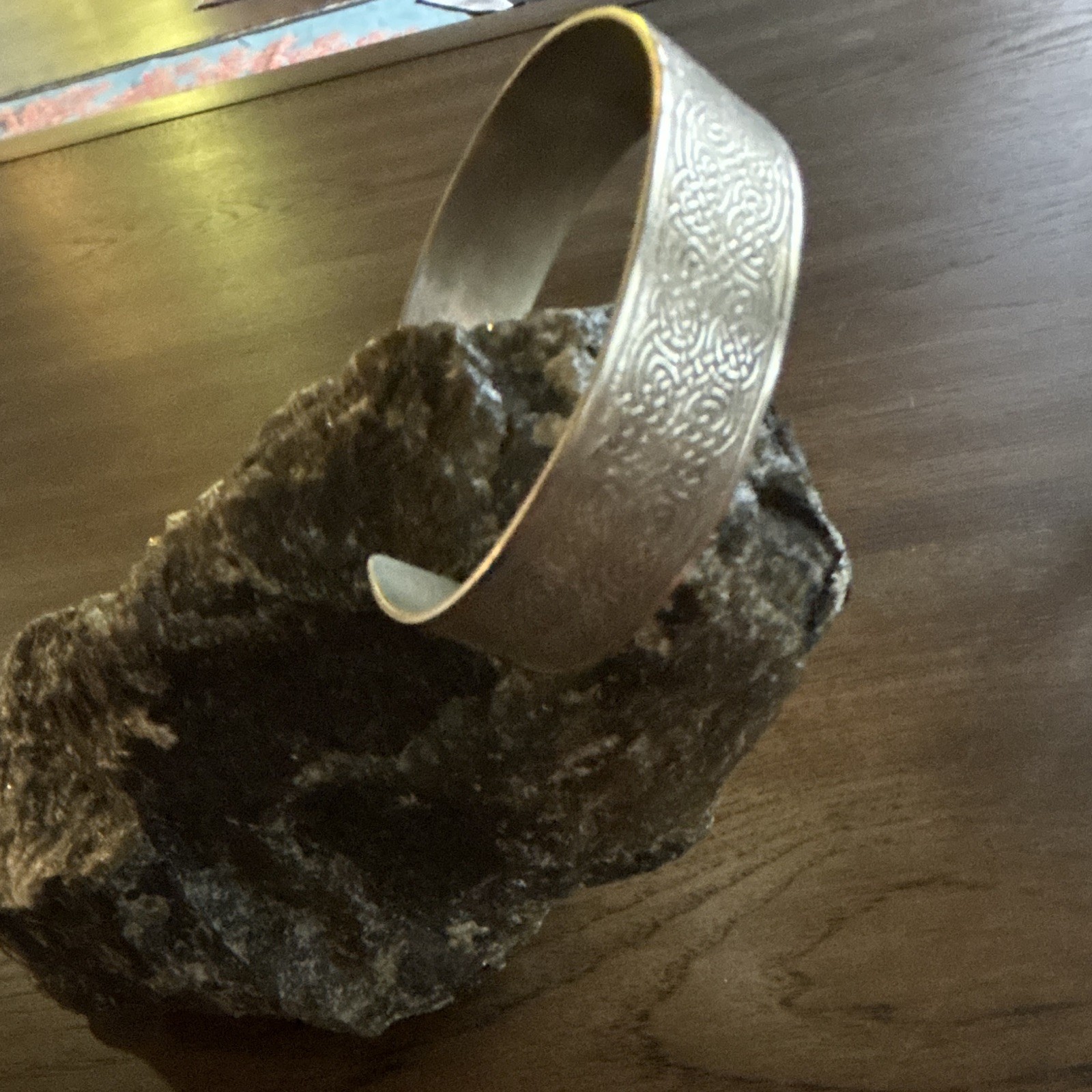 Silver Tone Etched Engraved Pattern Metal Cuff Bracelet, No Stone
