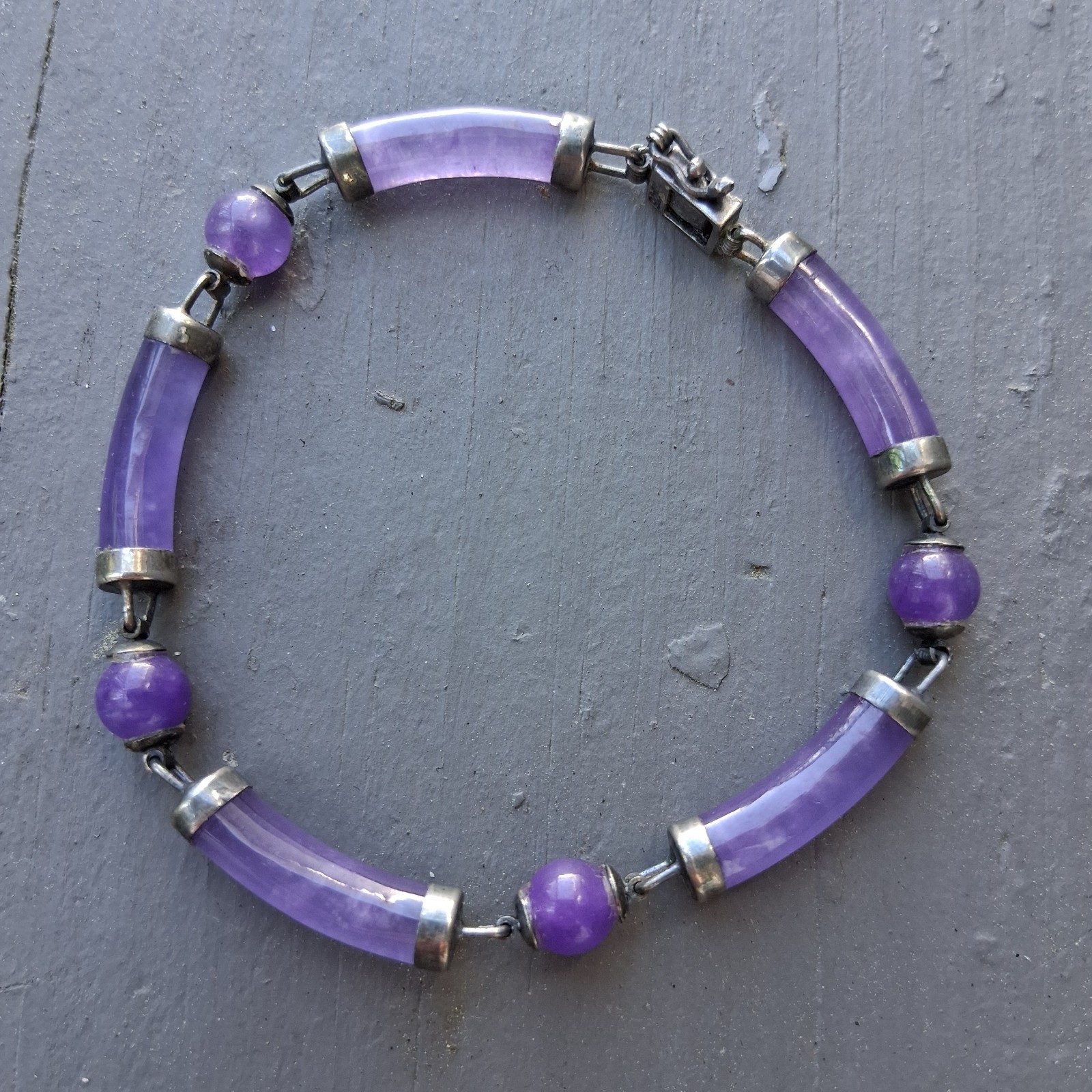 Vintage Sterling Silver Purple Jade Bracelet 6.5 inch