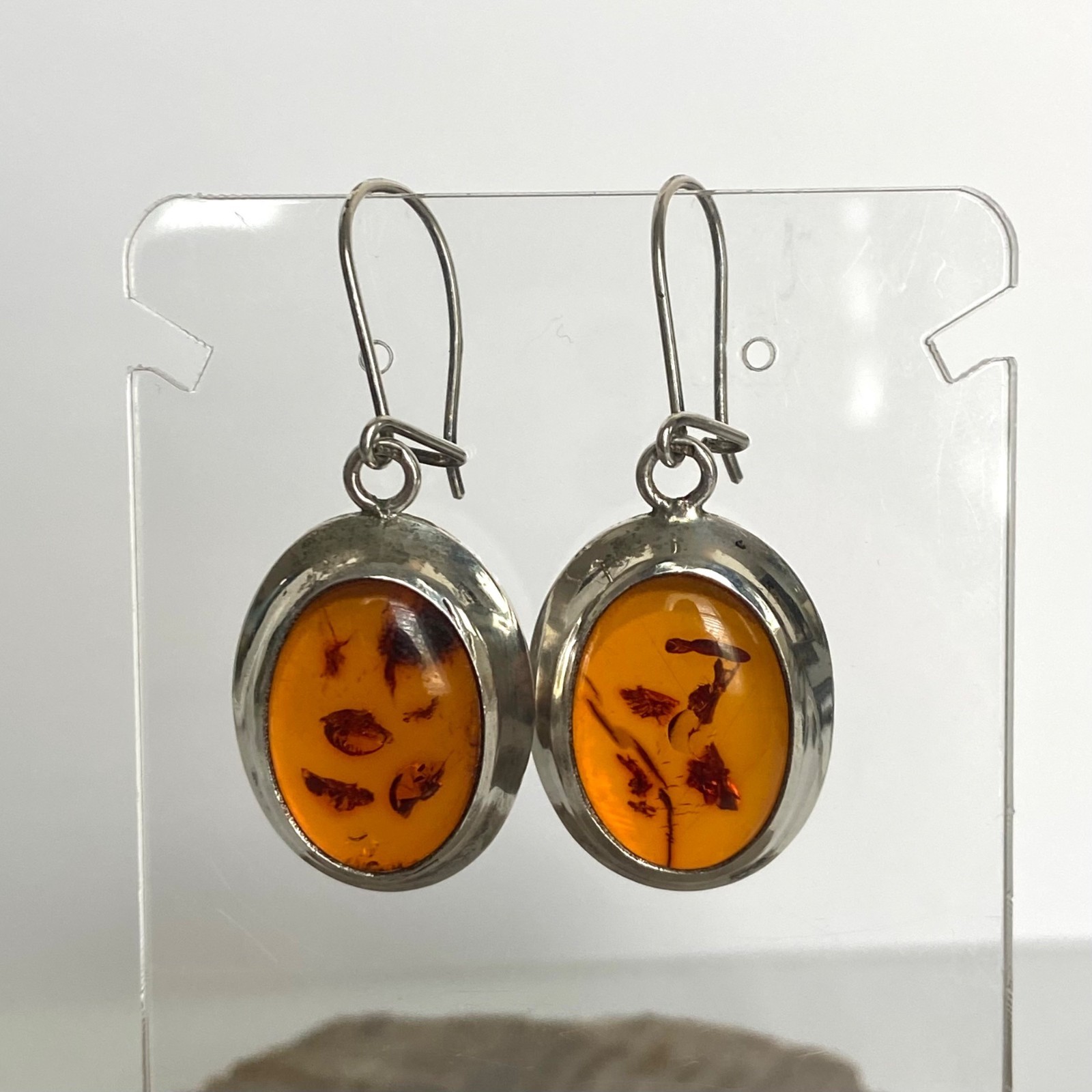 VTG Sterling Silver 925 Oval Baltic Amber Dangle Drop Kidney Wire Earrings