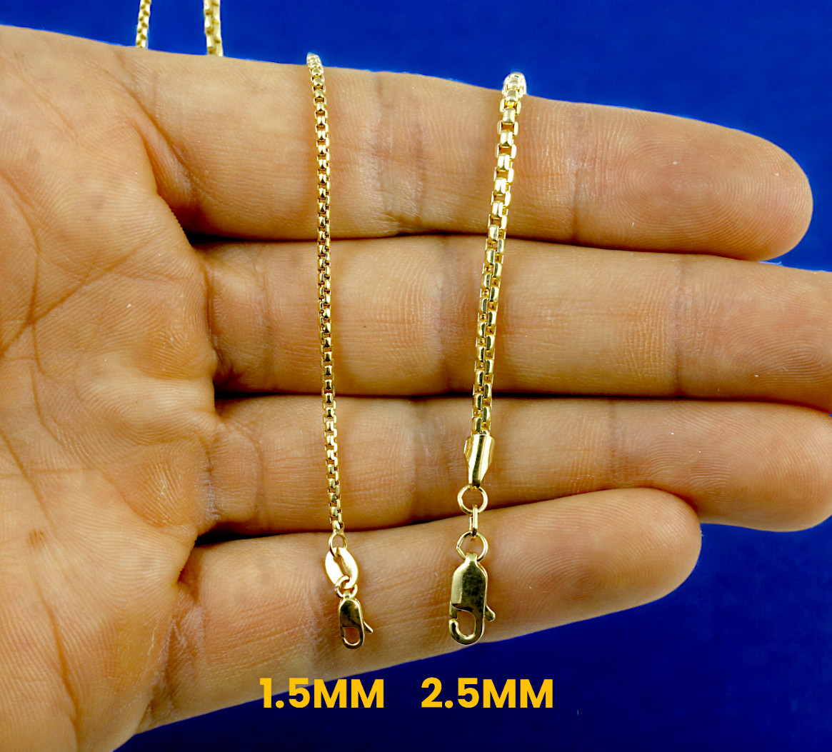 10K Yellow Gold Round Box Chain Necklace Bracelet Real Gold 1.5mm-2.5mm 7″-30″