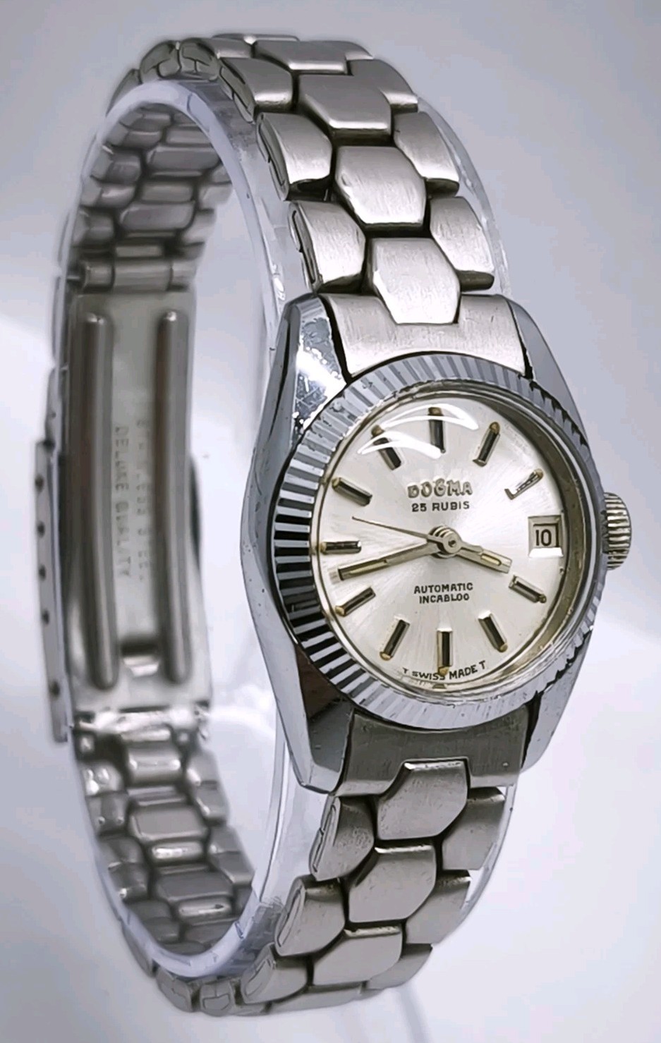 Vtg 1970s Dogma Deluxe Automatic Steel Bracelet 22mm Ladies Watch Cal ETA 2551
