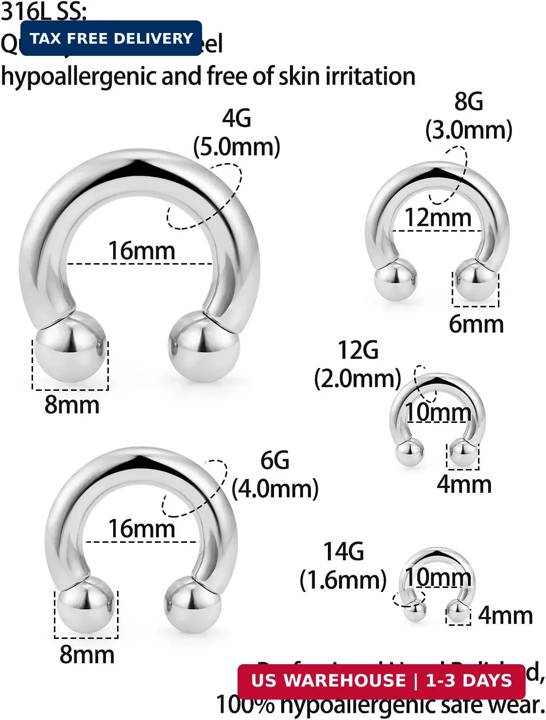 14G4G Septum Stretching Kit Surgical Steel Acrylic Pincher Tapers C Shape Buf…