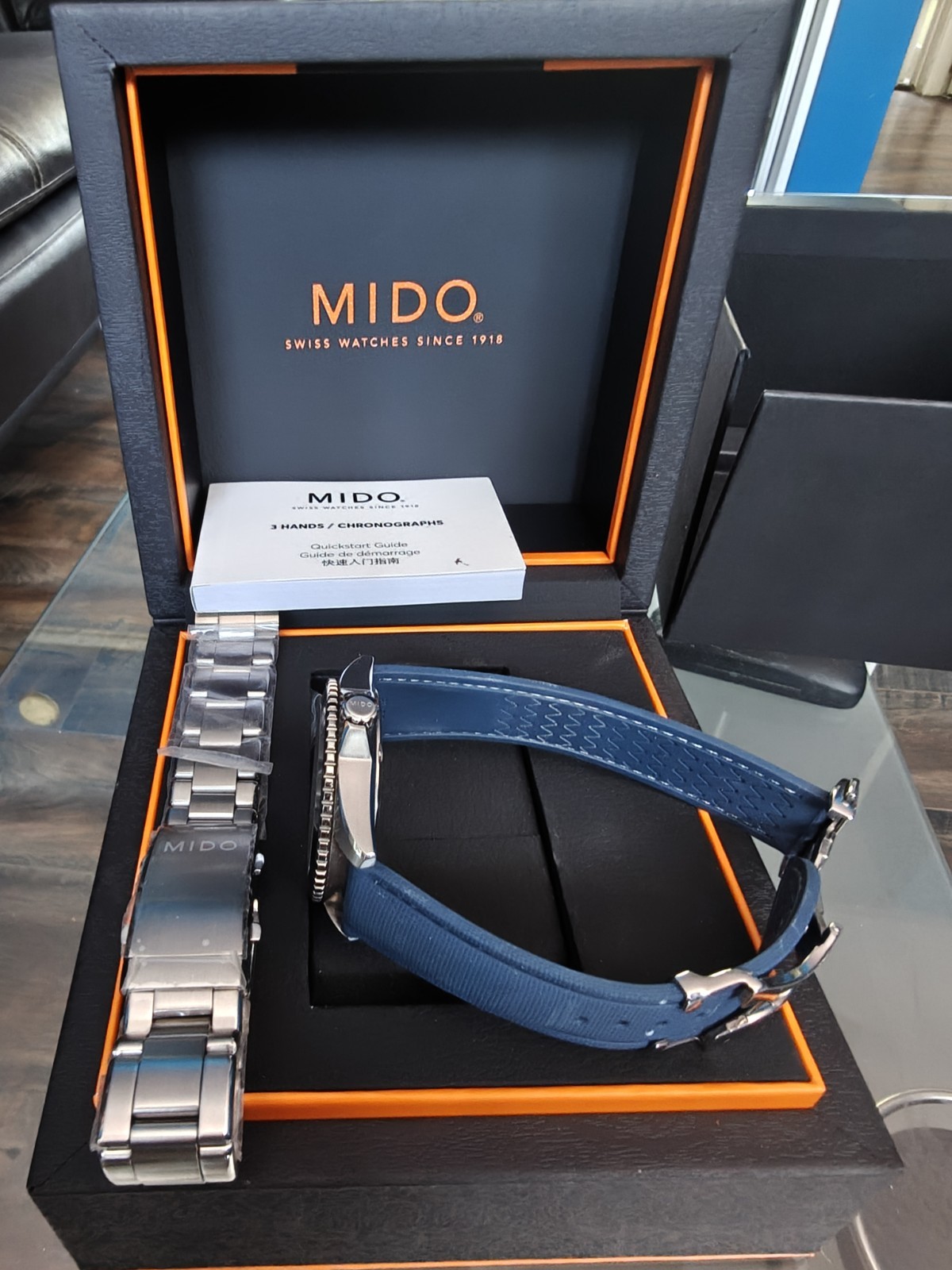 MIDO Ocean Star Auto Blue Dial 200m Date S/S Watch Box Extra Bracelet