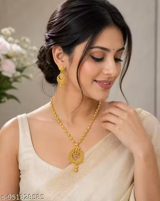 South Indian Traditional Gold Plated Bridal Necklace Set with Earrings for Women