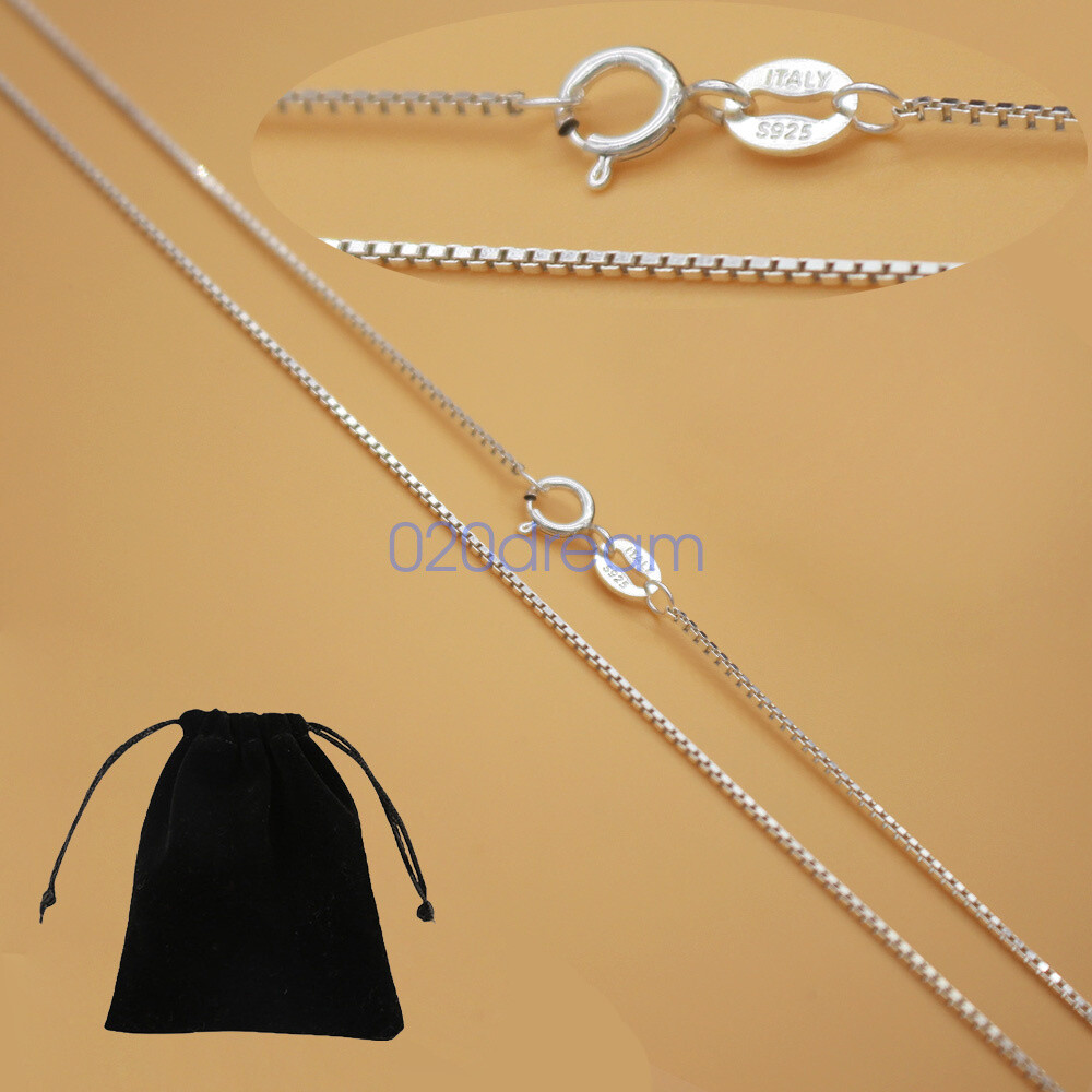 Real 925 Sterling Silver Necklace 0.8mm Box Chain Thin 16″ Ladies Stamped Italy