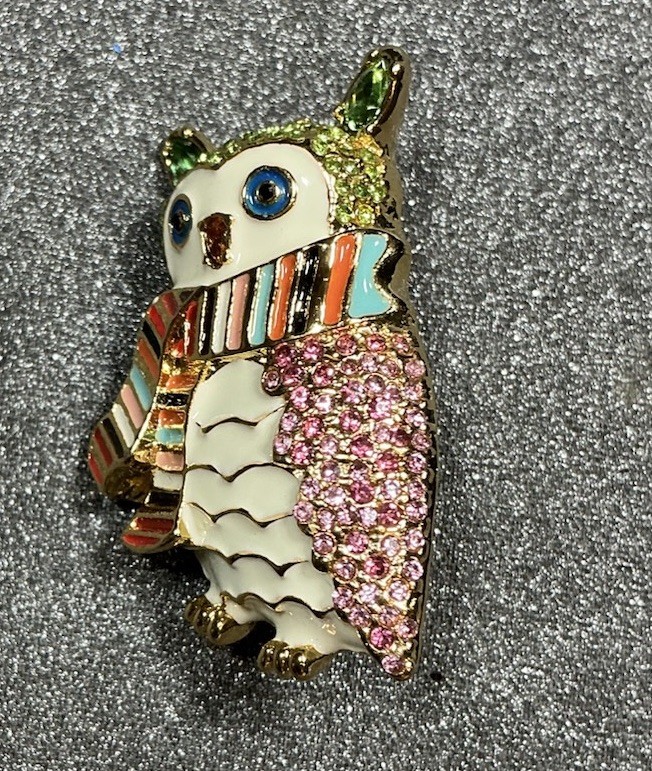 Talbots Owel Broach Enamel with Crystal Embellishment Gold Tone