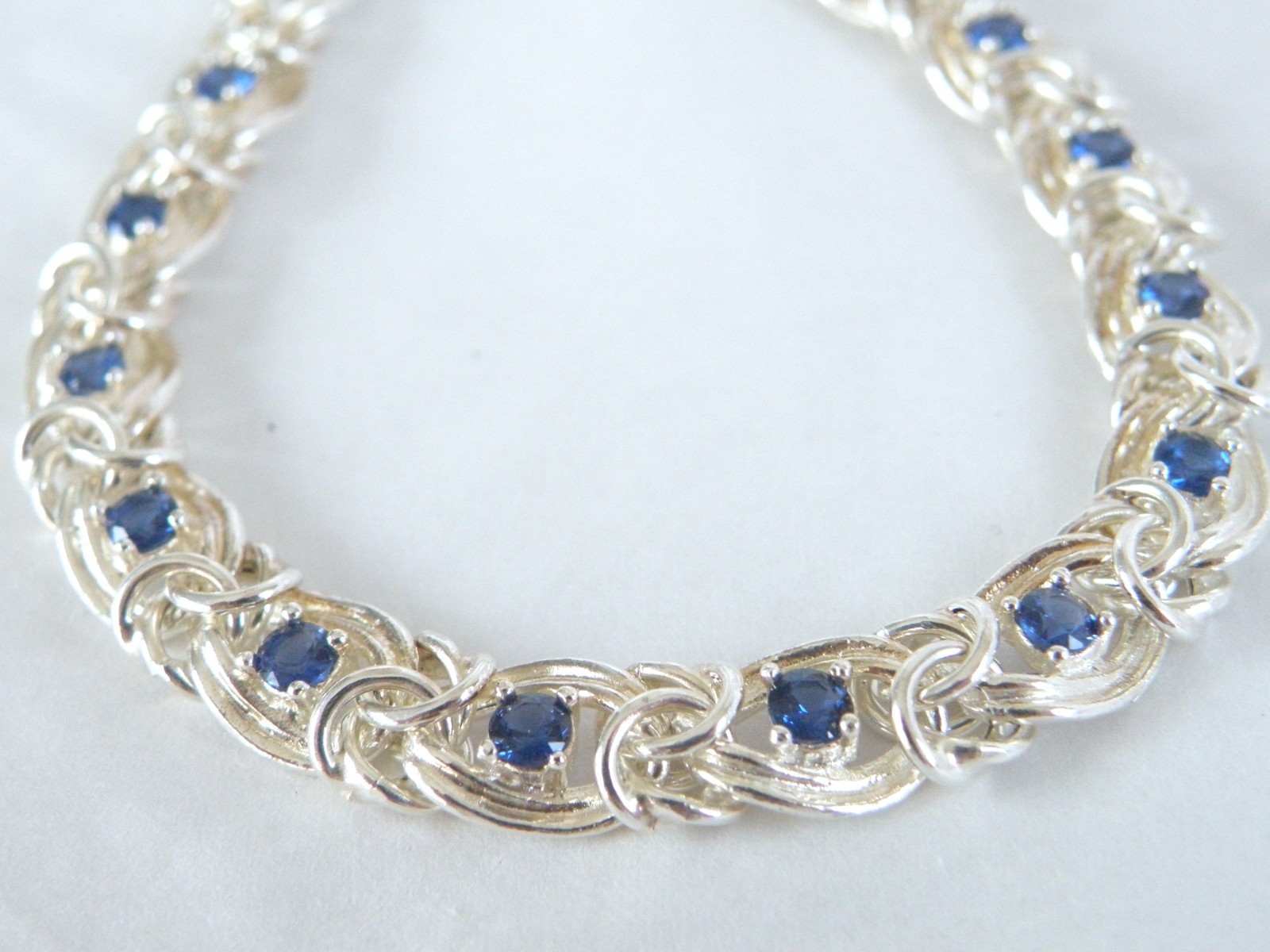 Italian Sterling Silver 925 Simulant Sapphire Station Tennis Bracelet Fits 7″