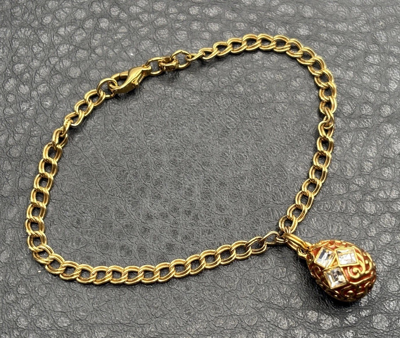 VTG Gold Tone Enamel Egg Charm Bracelet Clear Crystal Accents Double Link Chain