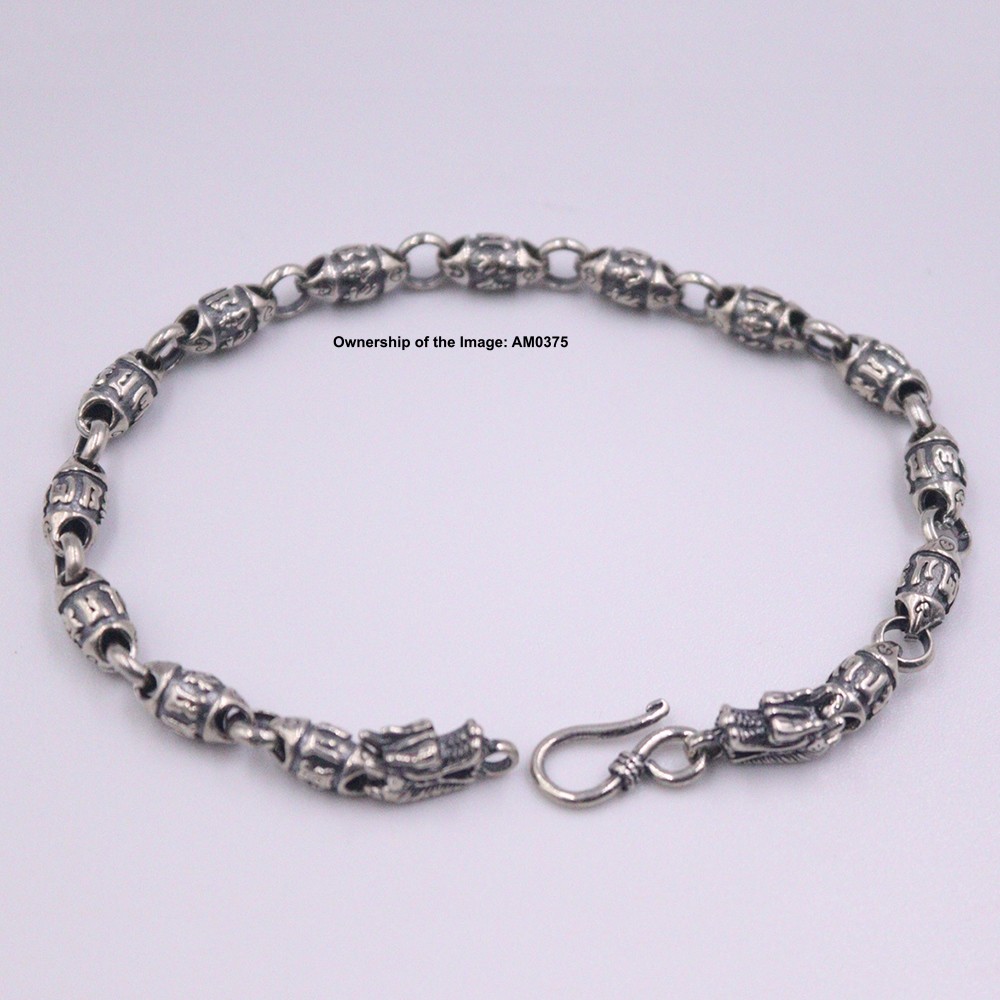 Solid 925 Sterling Silver Bracelet Six-Word Oval Bead Link Men Chain 8.26inch