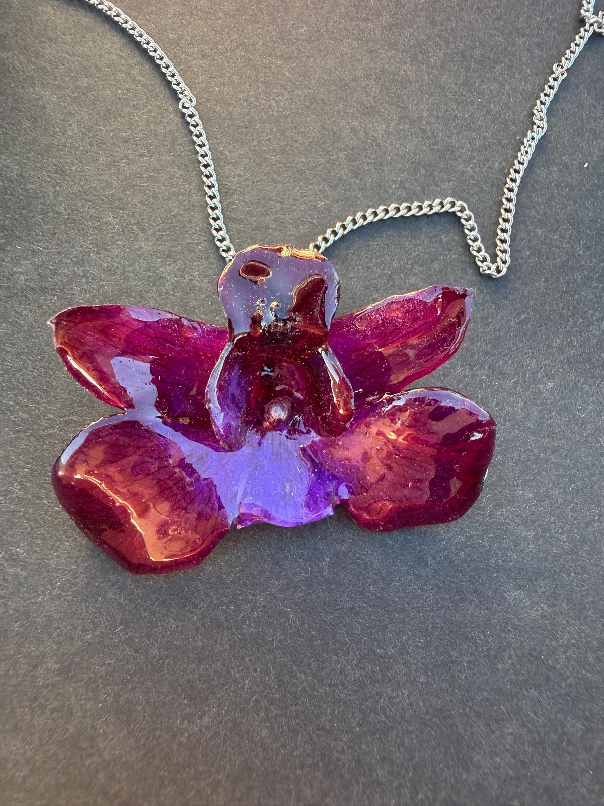 Real Violet Orchid Resin Necklace | Preserved Flower Pendant | Stainless Steel C