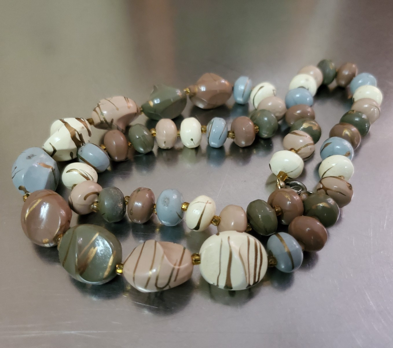 Vintage Multicolor Necklace Brown Blue Gold Beige White Green Beaded 22.5 inch