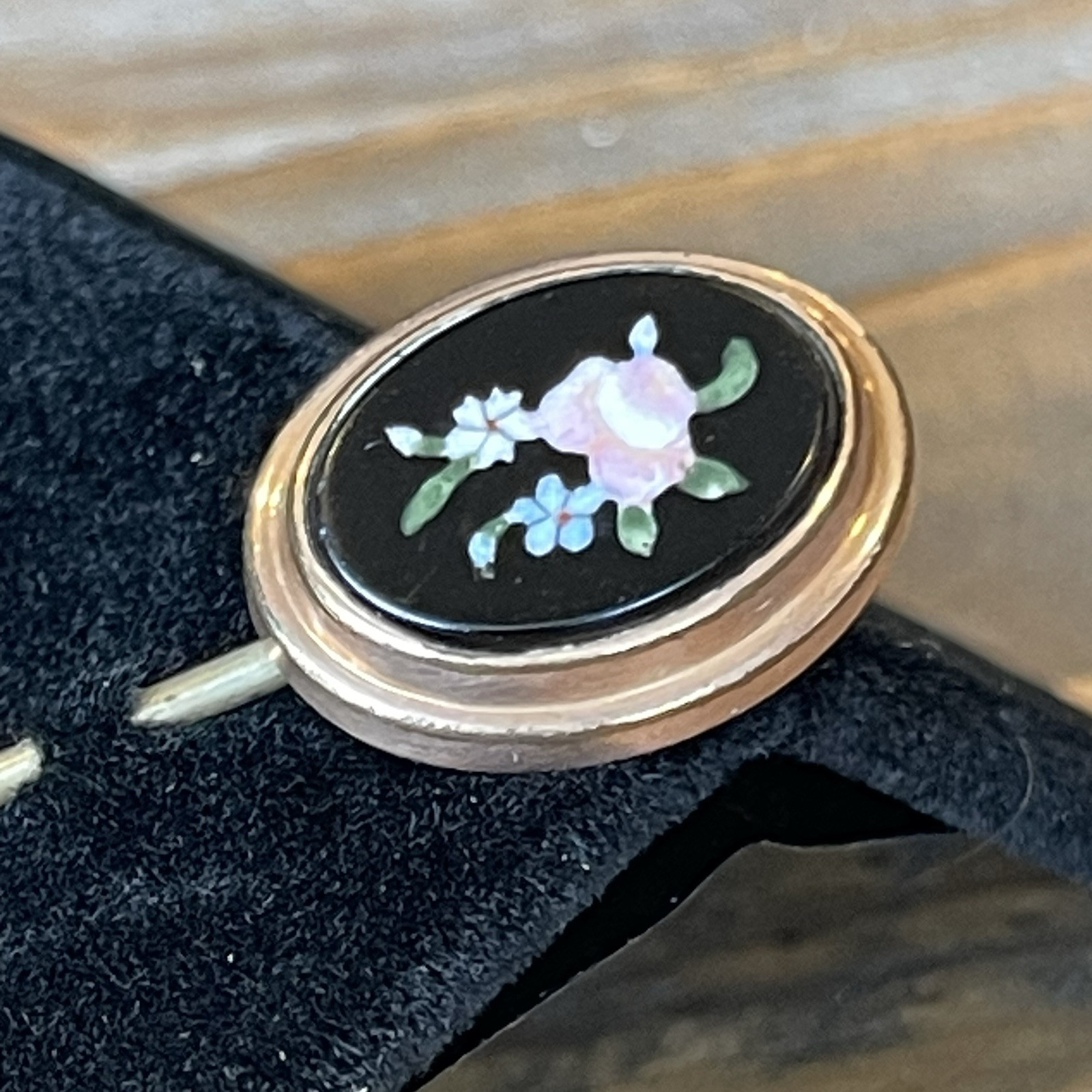 Antique Rolled Gold Italian Pietra Dura Forget Me Not Flowers Stick Pin 3”