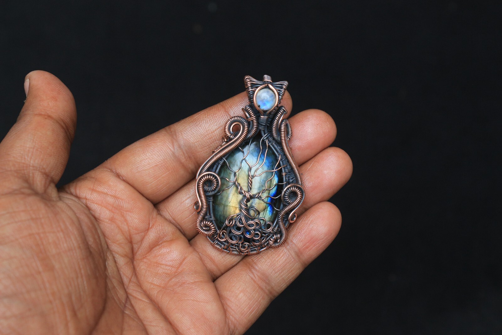 Yellow Fire Labradorite Copper Wire Wrap Tree Of Life Pendant Jewelry Gift NK547