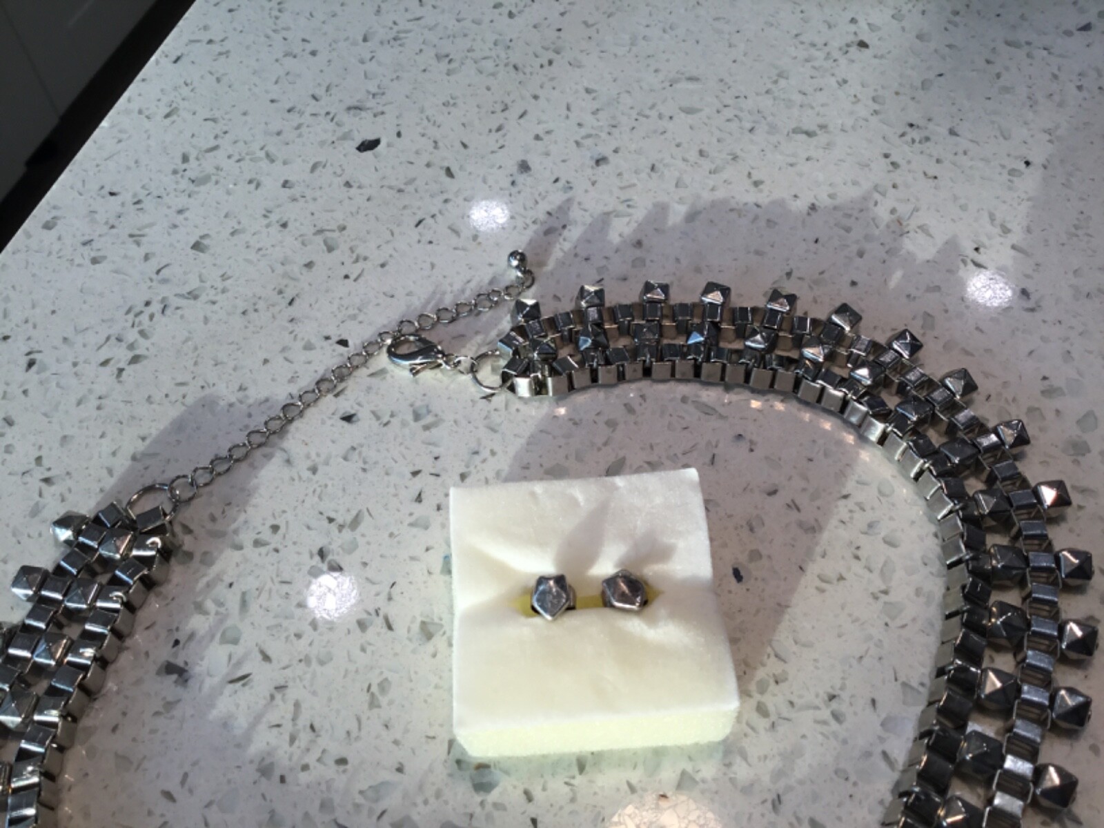 Silver Tone Stainless Steel Box Link Type Hinge Necklace with Earrings
