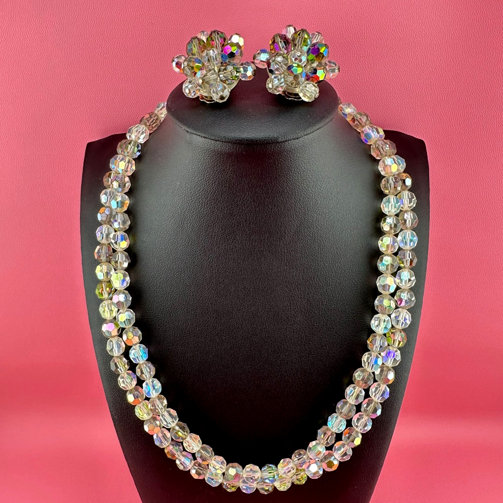 Vintage AB Crystal Necklace Earrings Set Smokey Gray 2 Strand Clip On Cluster