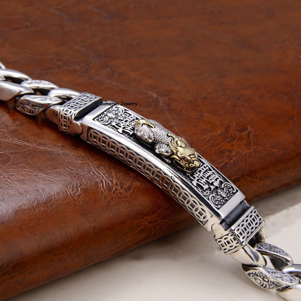 Pure S925 Sterling Silver Chain 11mm Wealth Pixiu Curb Link Bracelet 7-8.7in