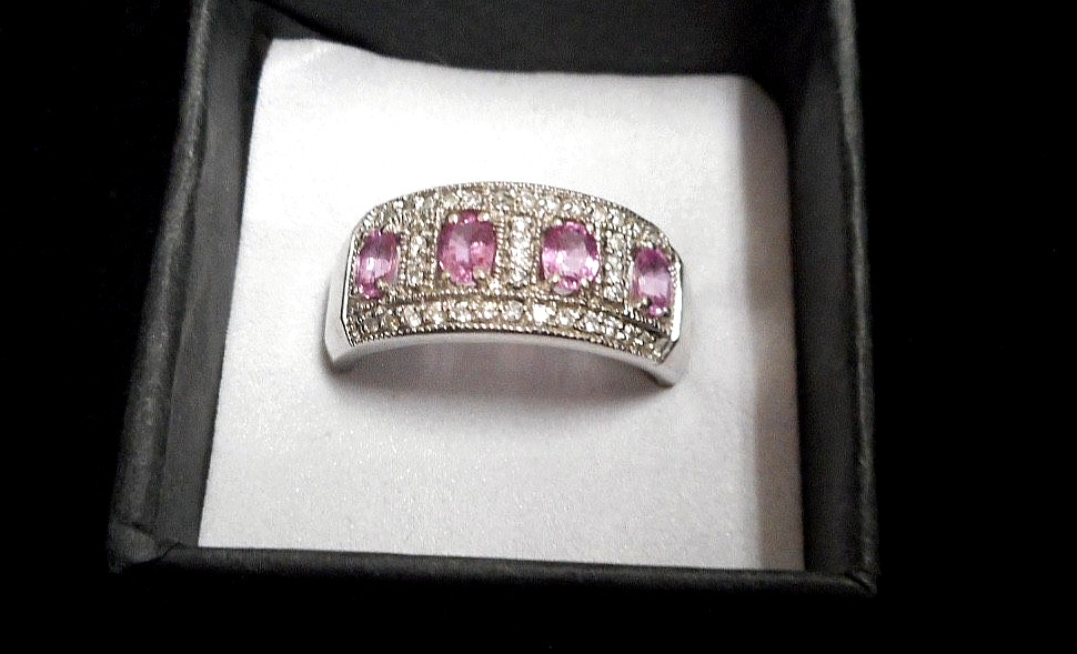 14K White Gold Pink Sapphire and Diamond Pave Band Ring Size 9 6.40 Grams-Vntg