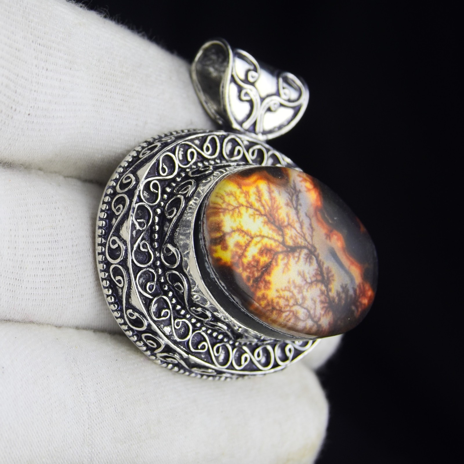 Fire Tree Dendritic Gemstone Pendant Handmade 925 Sterling Silver Jewelry 1.75″