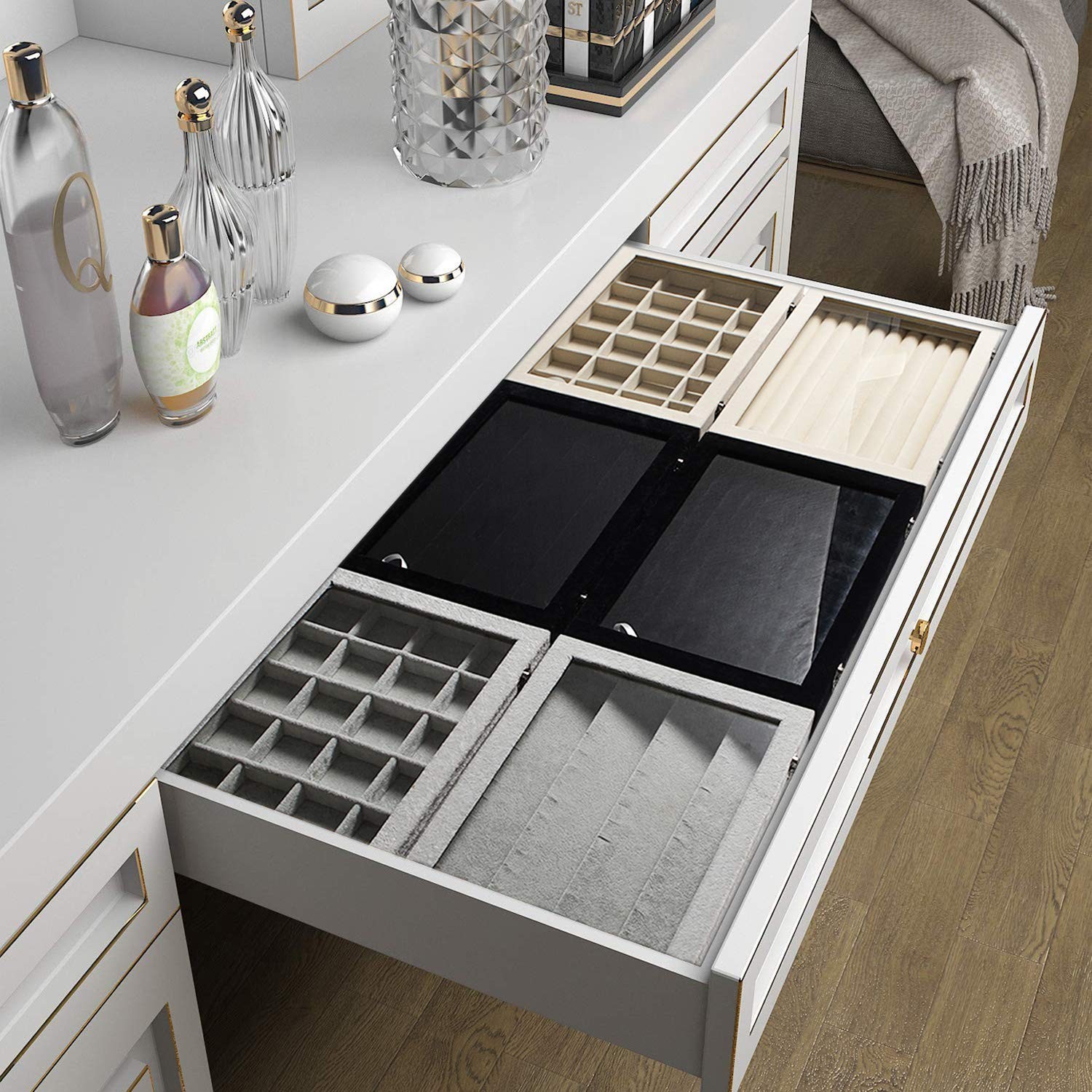 Rings/Earrings Organizer Tray with Clear Lid 10 Slots Velvet Drawer Insert Je…