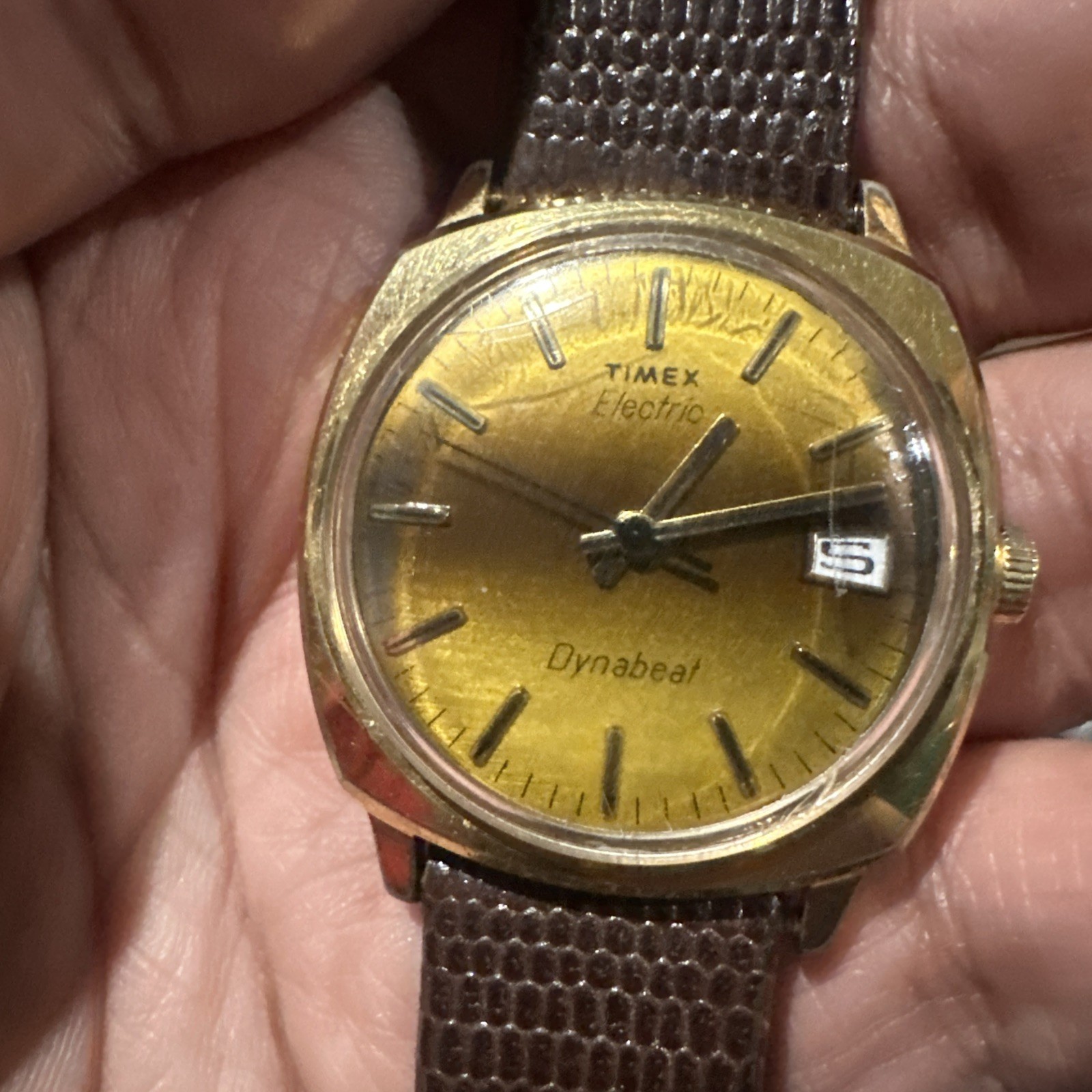Works VTG Timex Electric Dynabeat Sunburst Mens Watch Gold Stuller Strap 34mm 7”