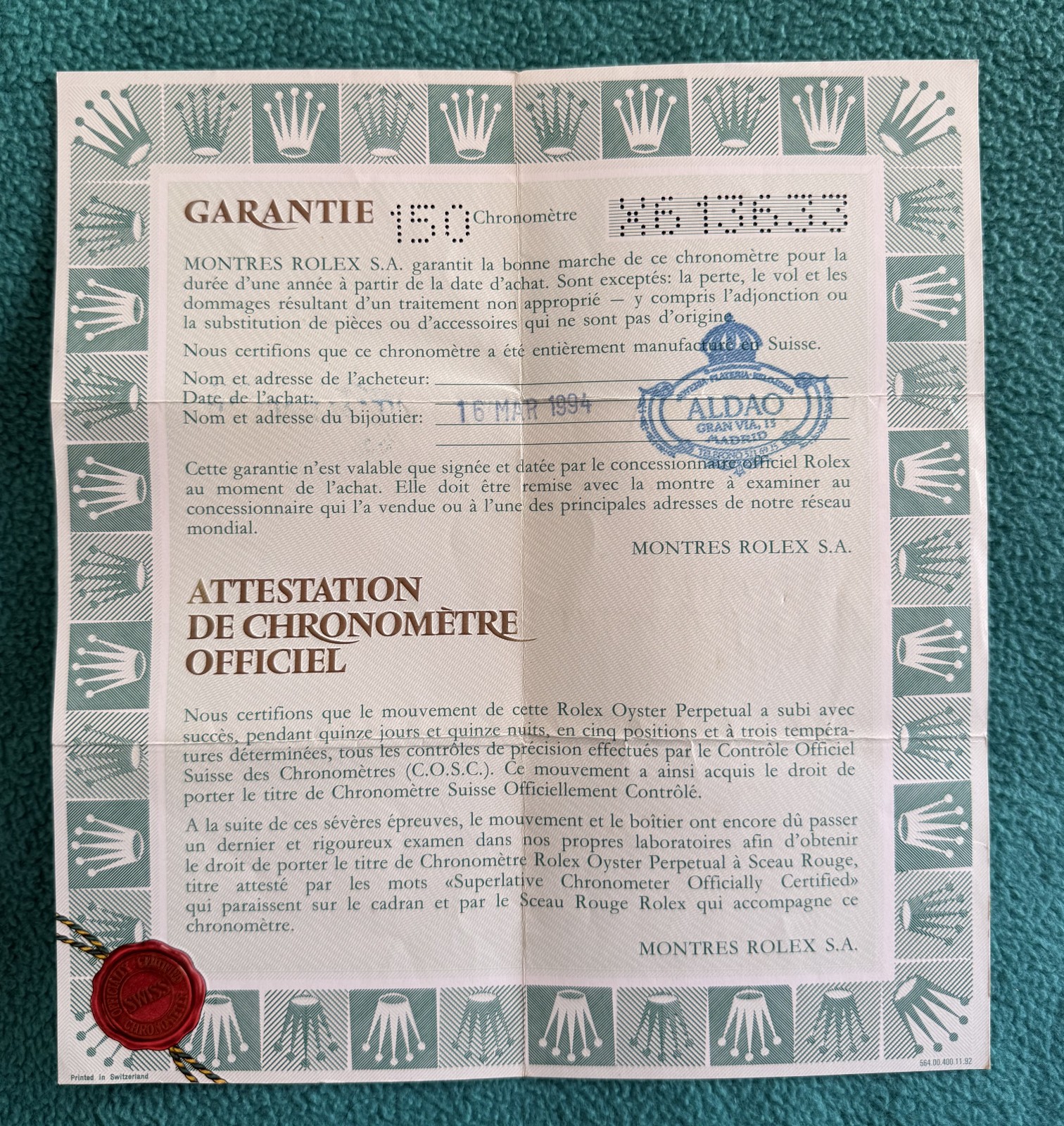 Vintage genuine Rolex Guarantee oyster perpetual 15200