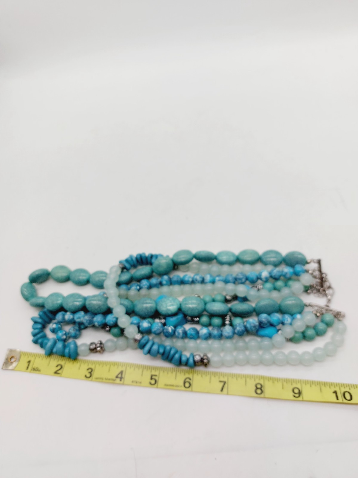 Necklace Blue Aquatic Bib Choker Turquoise Silver Tone Beads Multi Strand