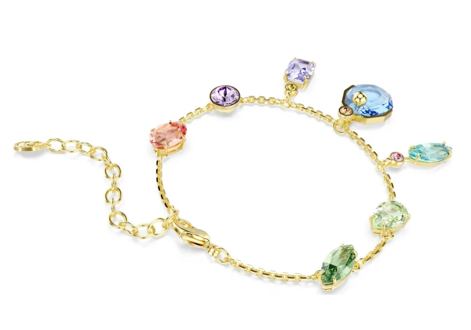 Gema bracelet Mixed cuts, Dangling crystals, Multicolored, Gold-tone plated