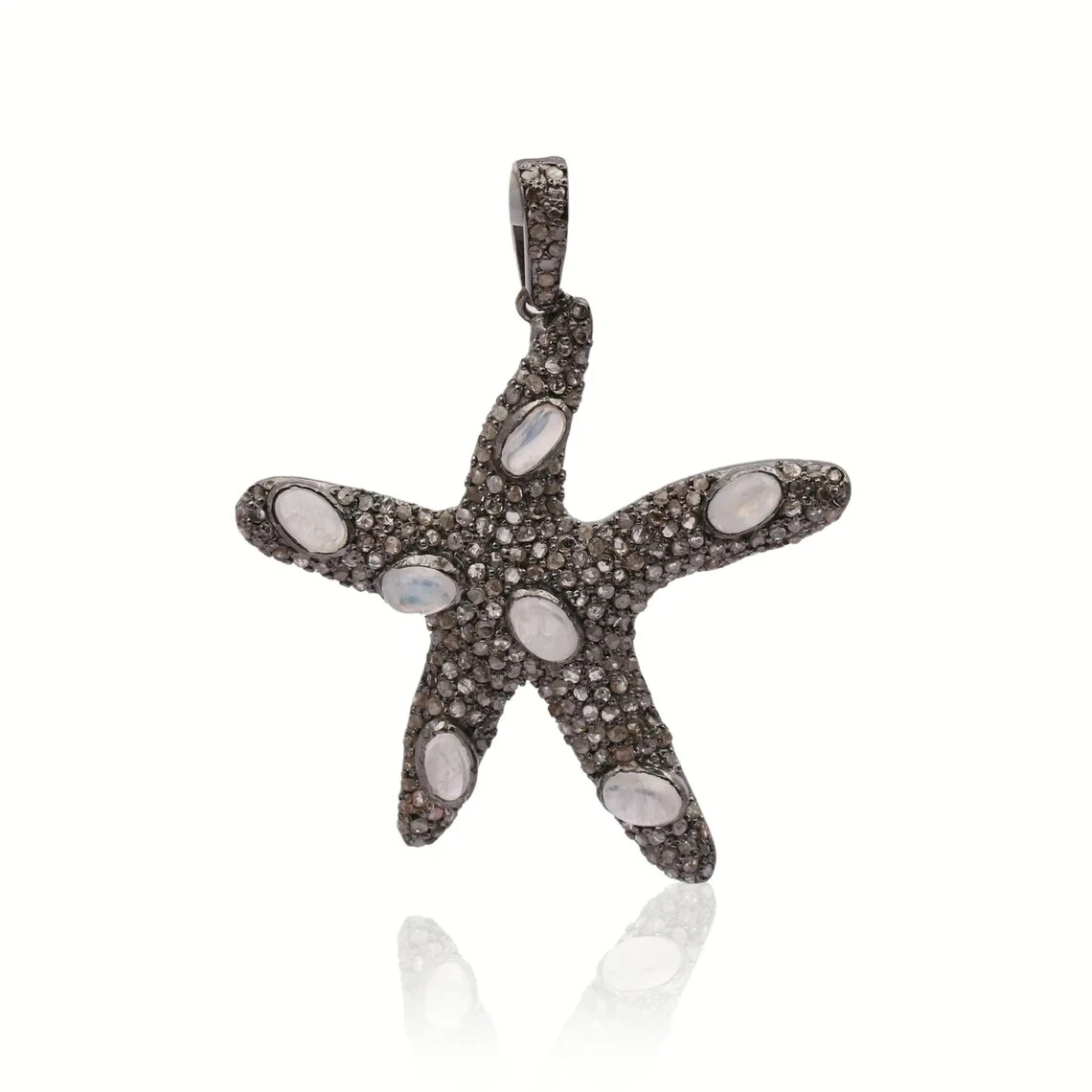 Star Fish Design Diamond &Rainbow Moonstone Gemstone Pendant 925 Sterling Silver