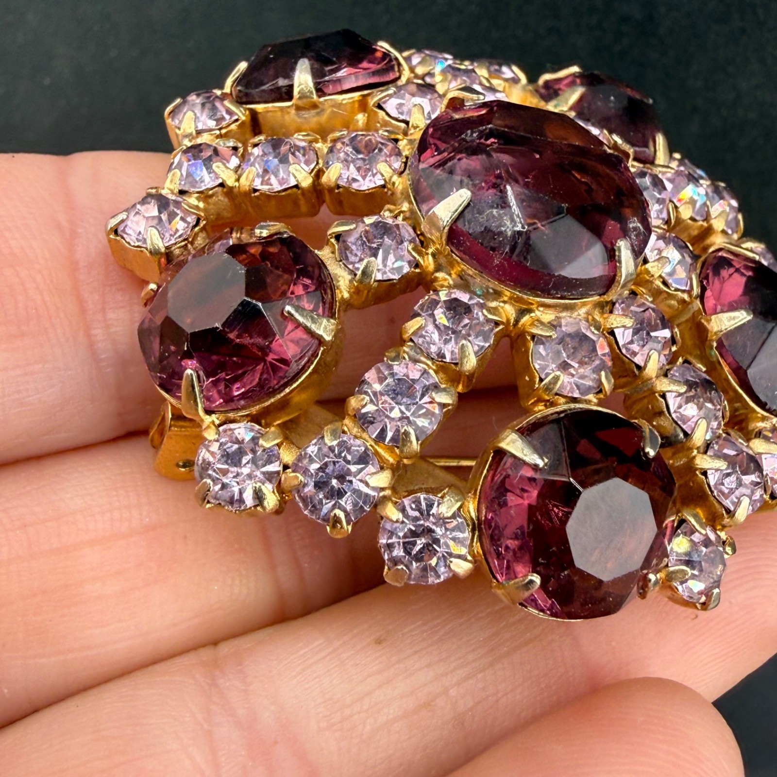 Vintage Purple Rhinestone Brooch Gold Tone Flawless Sparkle