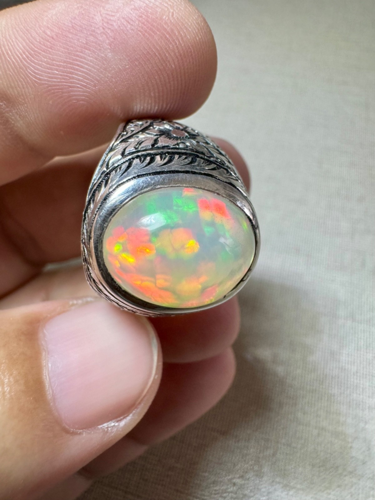 6.90 carats Natural Ethiopian White Opal Handmade Size 11.5 Silver Ring for Male