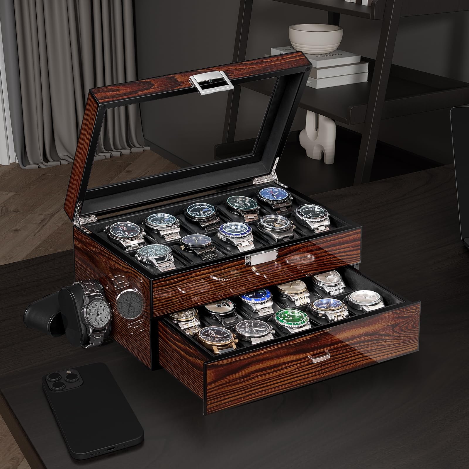 BEWISHOME High-End Watch Box, 20-Slot Case with Large Medium, Brown