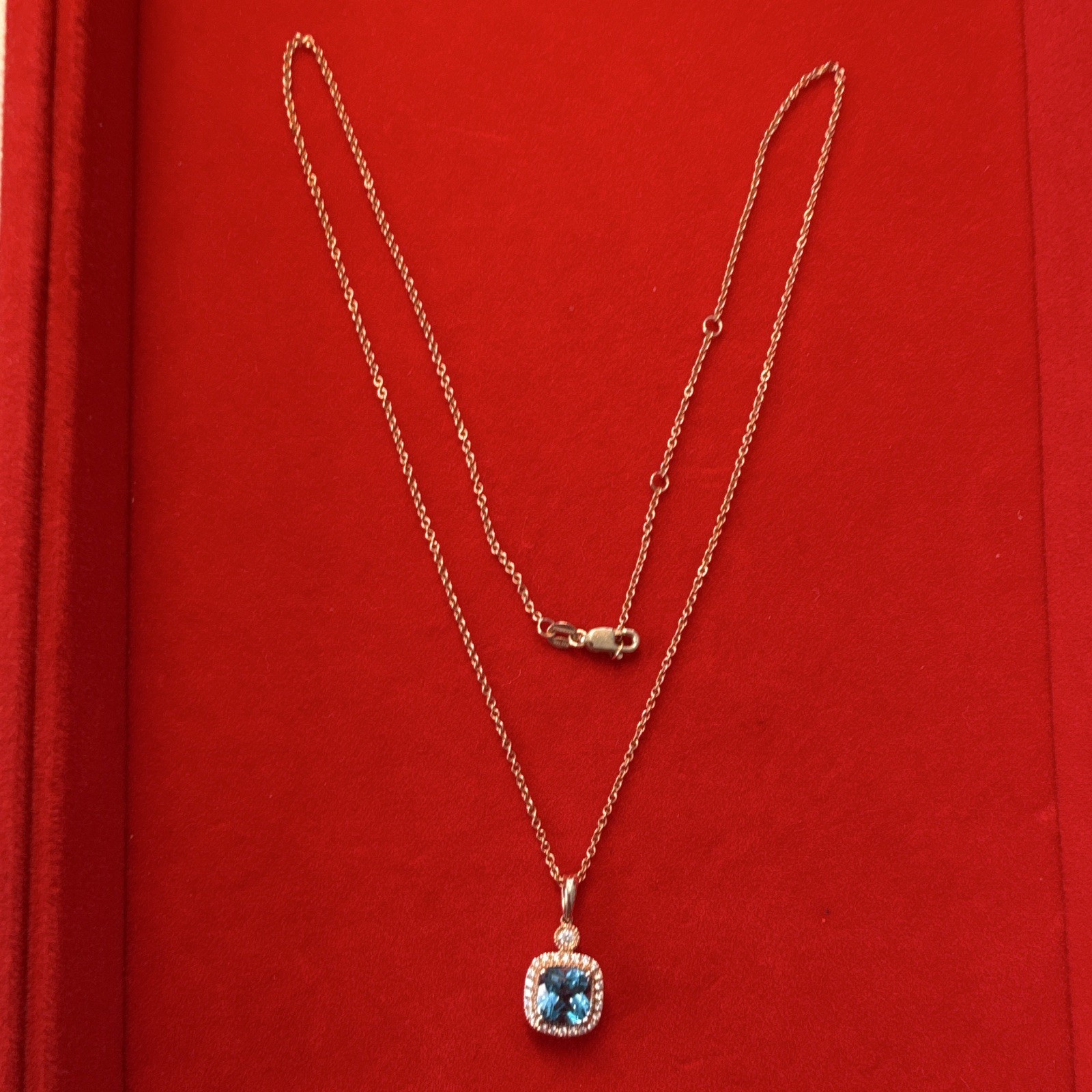 Blue Topaz, 24 Diamonds Gold 14K Cable Chain Necklace RCI ,Square Charm Pendant