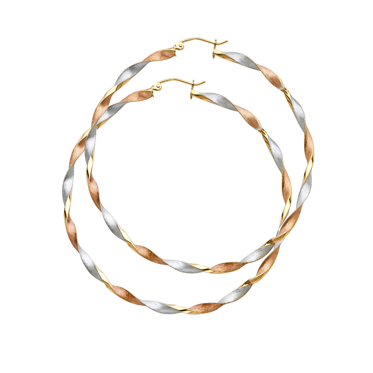 14K Tri Color Curled Hollow Twisted Hoop Earrings – more sizes available