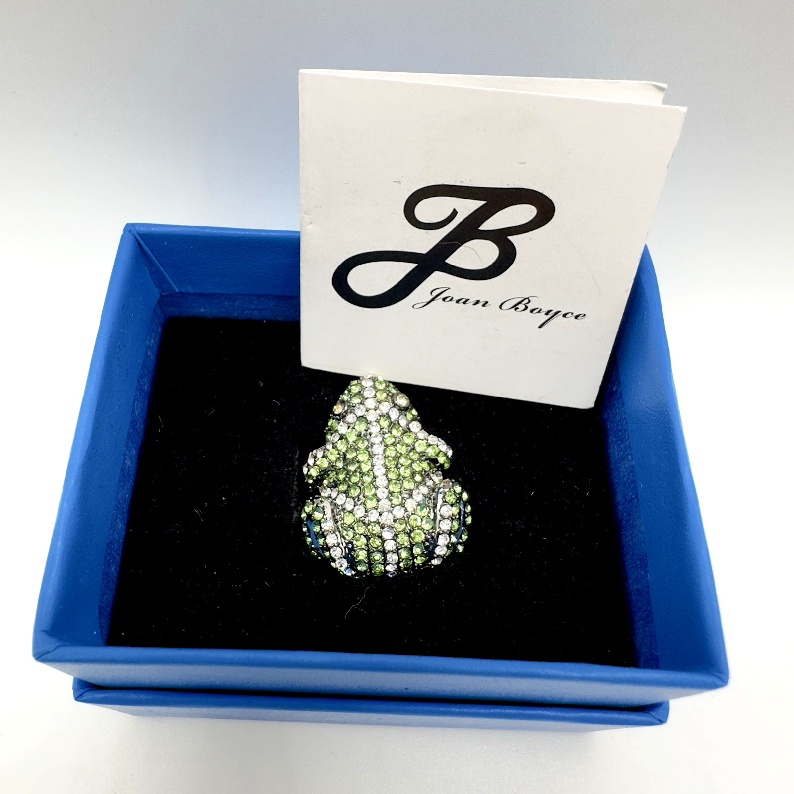 Joan Boyce “Frog” Ring Green Crystal Silvertone Pave Size 6 Statement Party