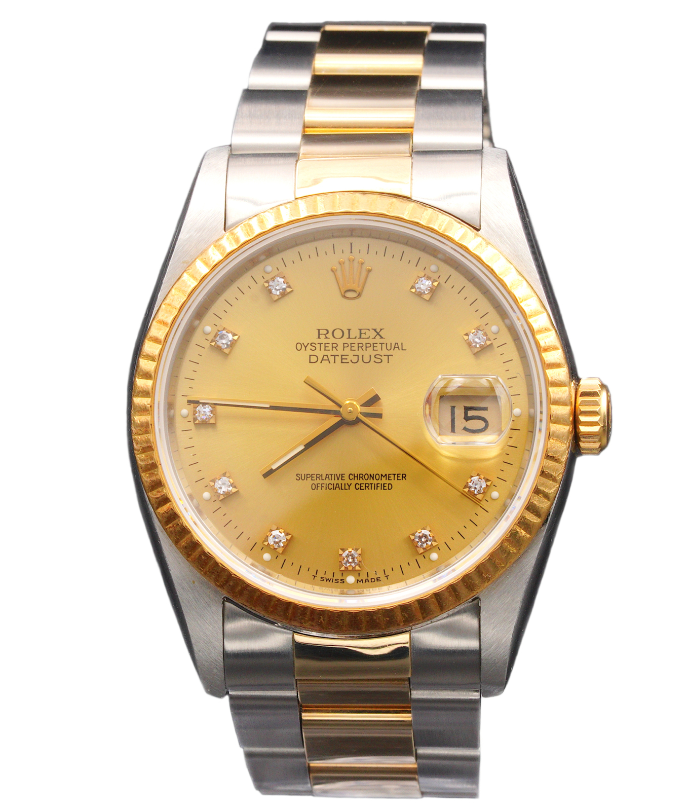Mens Rolex 2Tone Yellow Gold Stainless Steel Datejust Gold Diamond Dial 16233