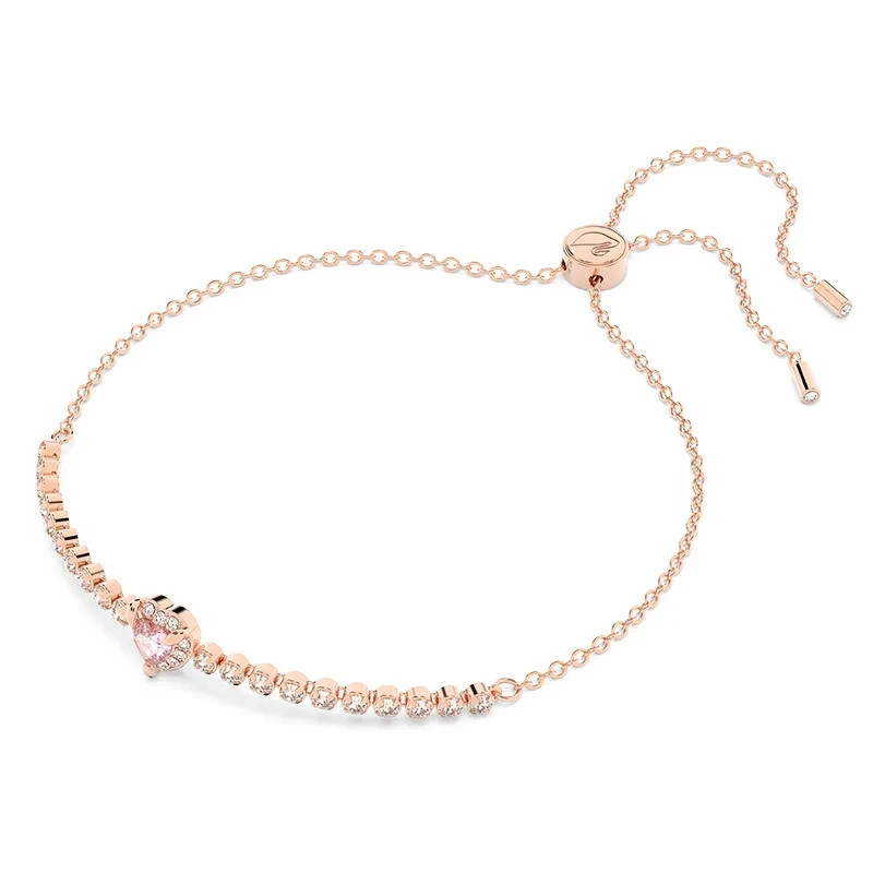 Women’s One Heart Bracelet, Rose Gold Plated, Pink Crystal
