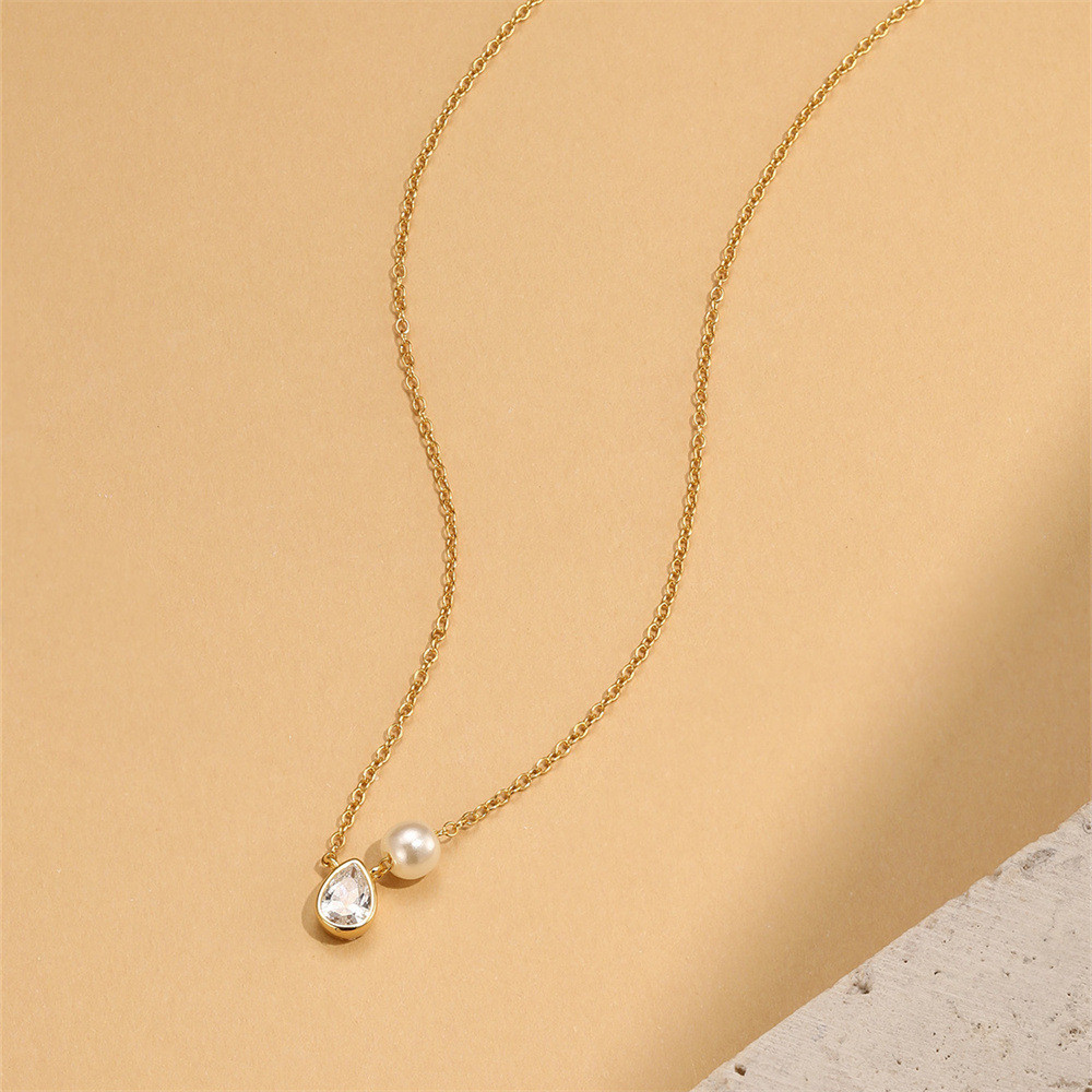 Gold Plated 925 Sterling Silver CZ Teardrop Faux Pearl Necklace for Women