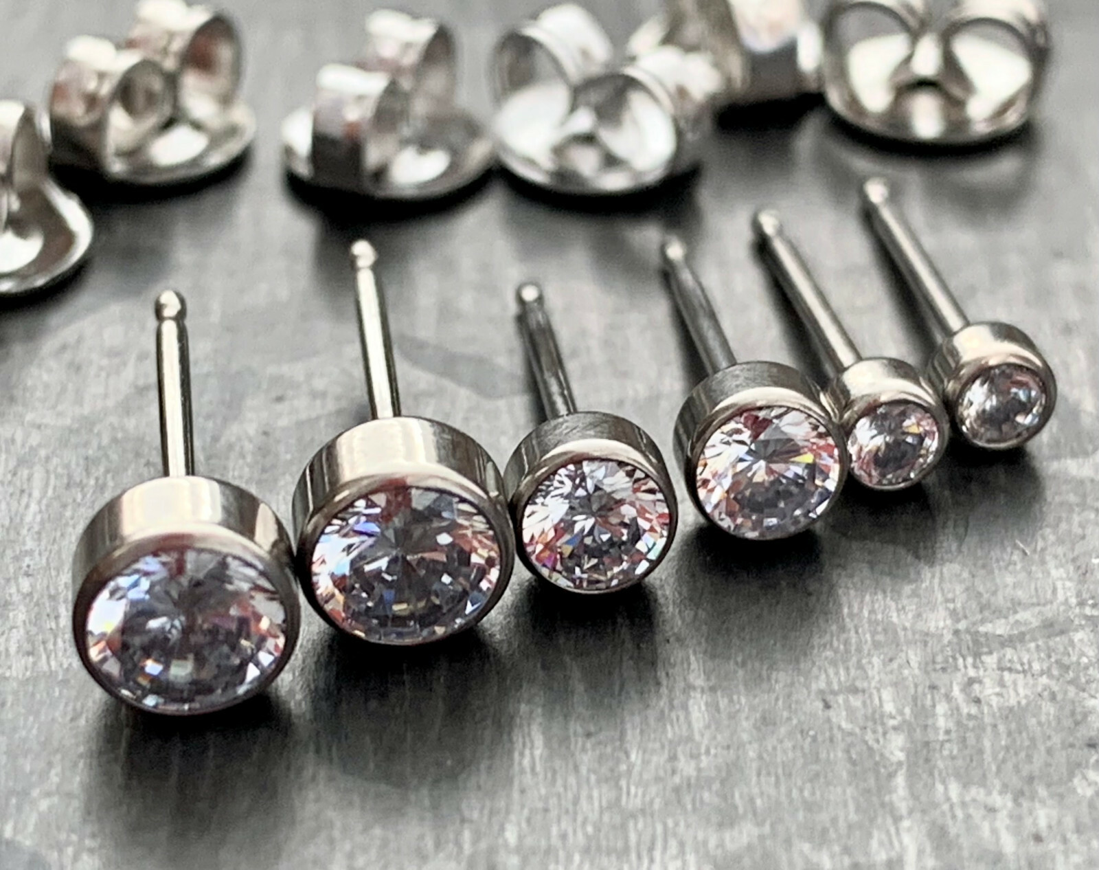 PAIR Bezel Set CZ Gem Stud Earrings 6AL-4VELI ASTM F-136 Implant Grade Titanium