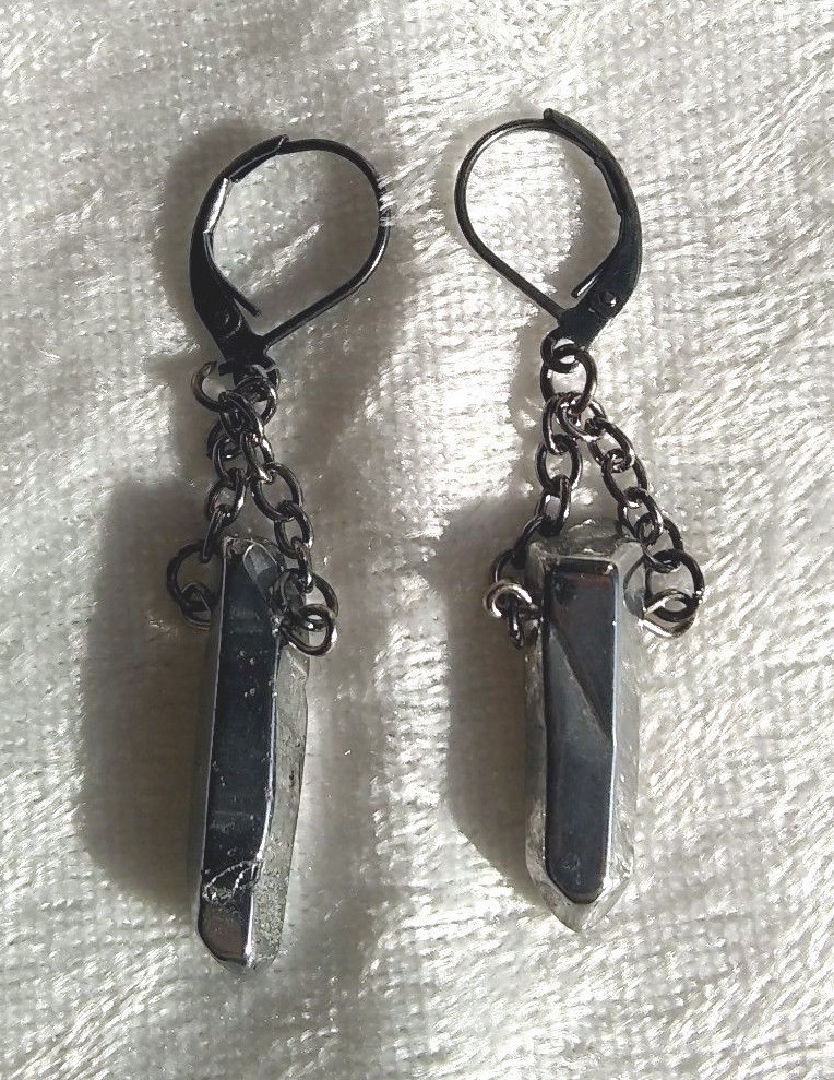 Silver metallic coated natural quartz chain dangle earrings gunmetal leverback