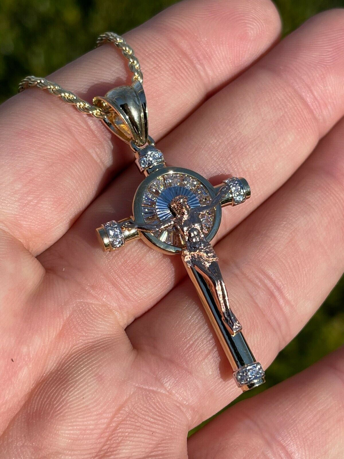 Solid 925 Silver Cross W. Jesus Pendant Yellow & Rose Gold Plated Necklace CZ