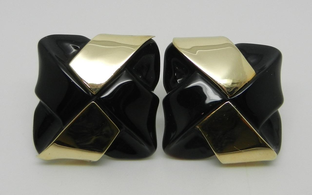 Vintage 18K Yellow Gold Lattice Style Black Onyx Earrings – LB2939