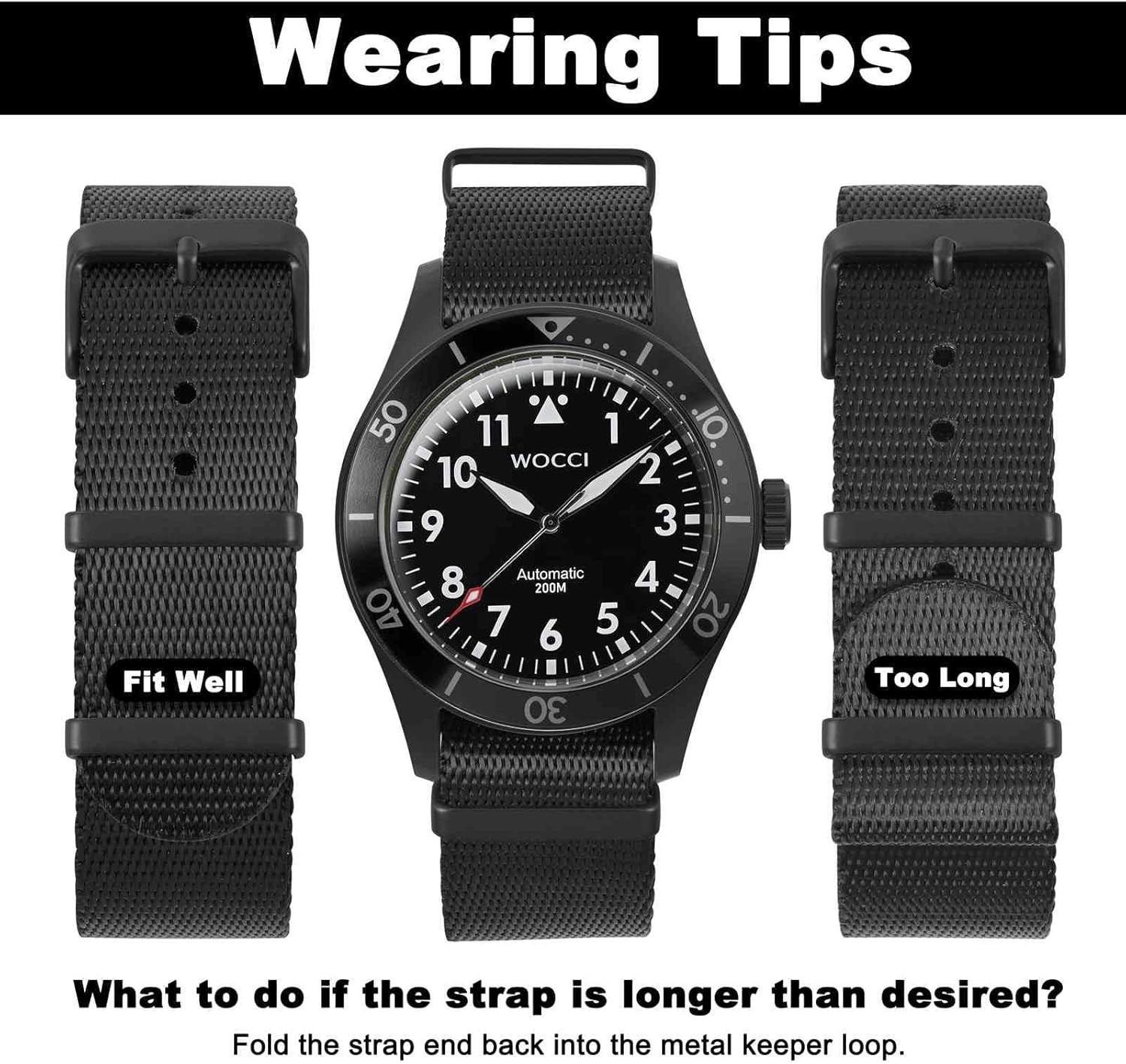 22mm Military Nylon Watch Band – Stylish Black Strap with Stainless Steel Buckle