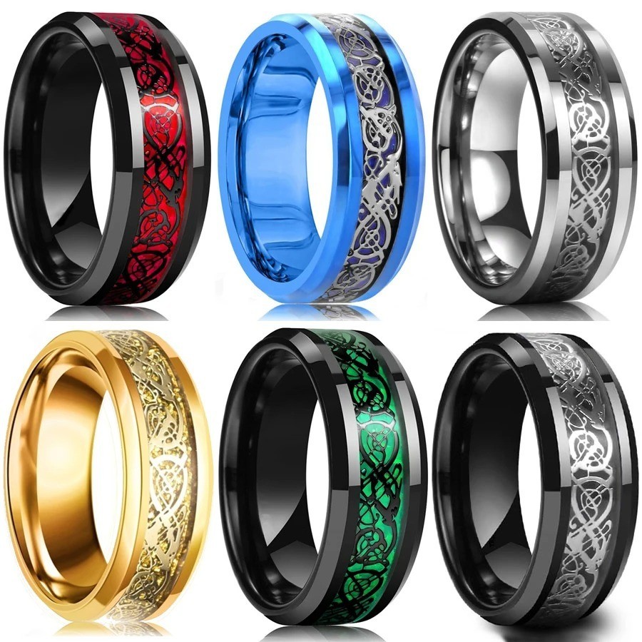 Men Women Gold Plated Blue Black Red Stainless Steel Celtic Dragon Band Ring 8mm