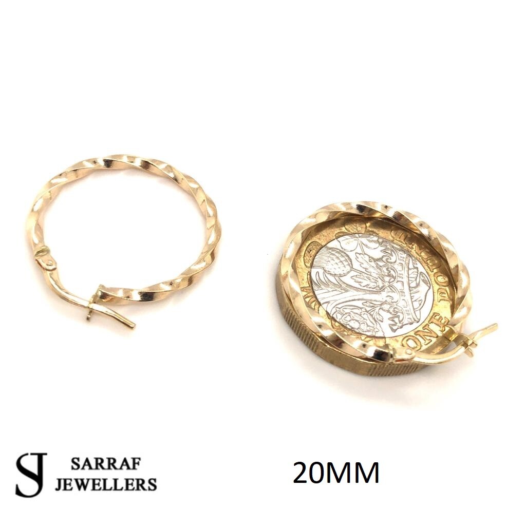 9ct Yellow Gold Twisted Womens Round Hoop Earring Pair 10mm 15mm 20mm 25mm 30mm
