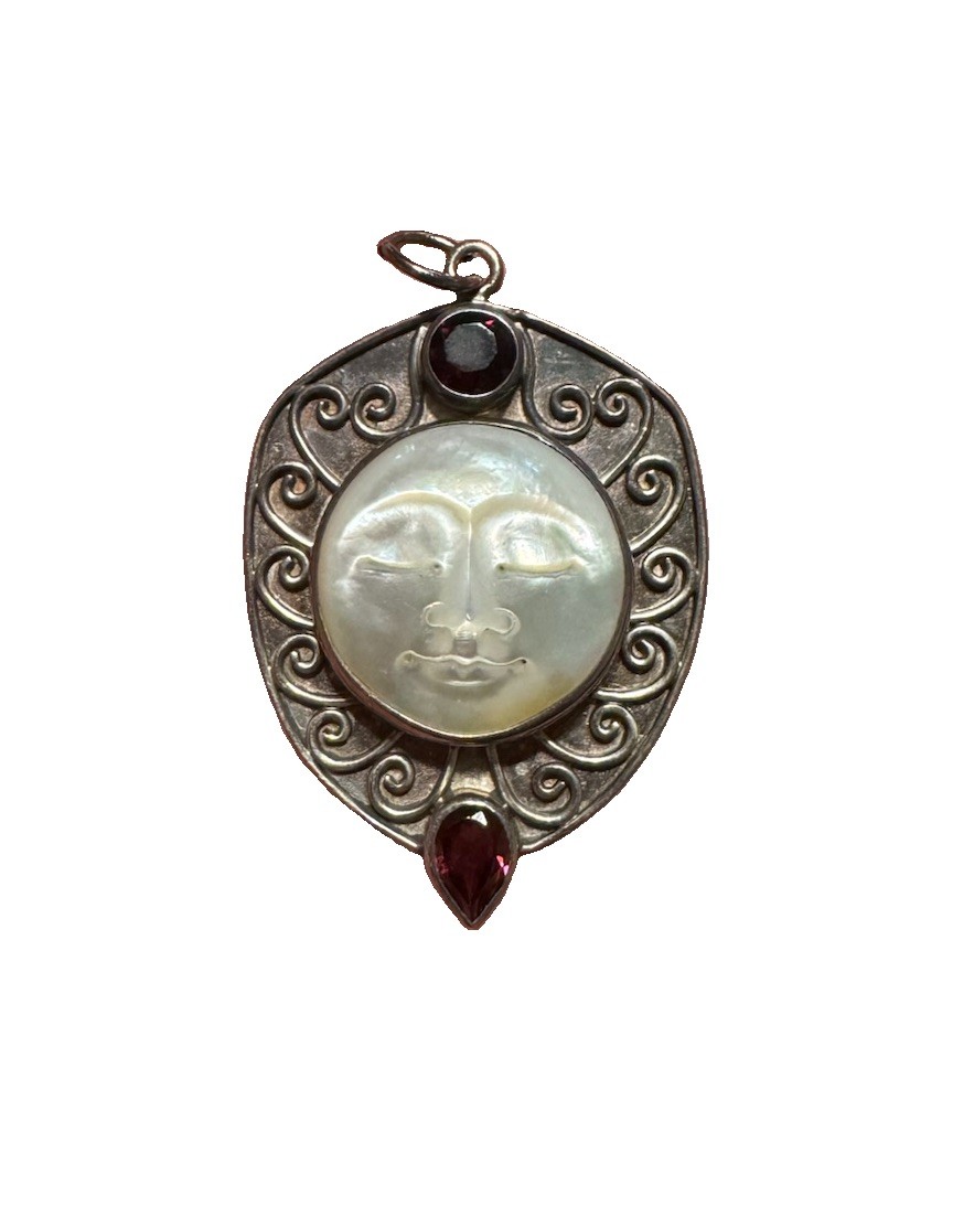Vintage Sajen Sterling Silver Carved Man In The Moon Face Pendant Garnet 925