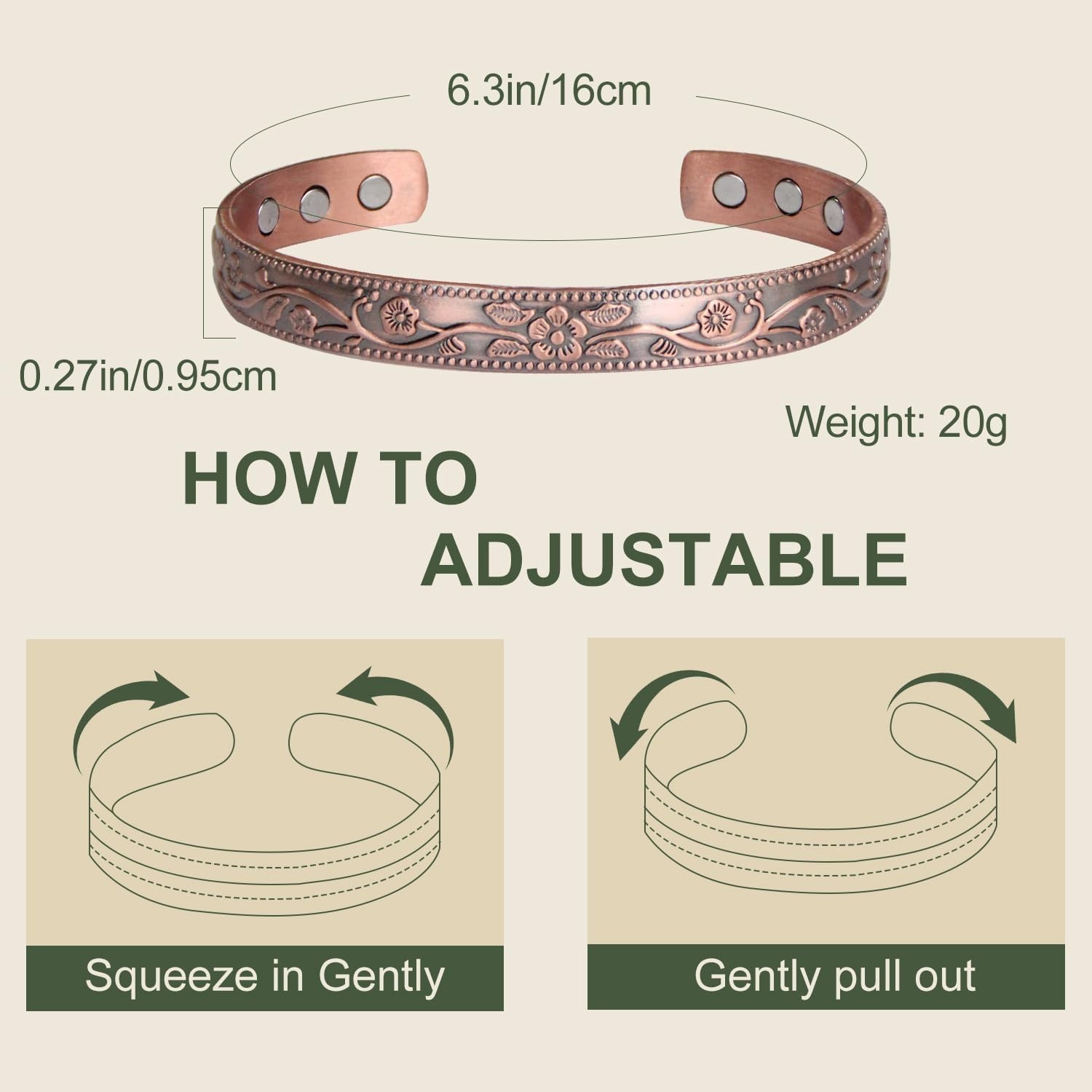 Elegant 99.9% Pure Copper Magnetic Flower Bracelet for Women, 6.3 Inch Cuff