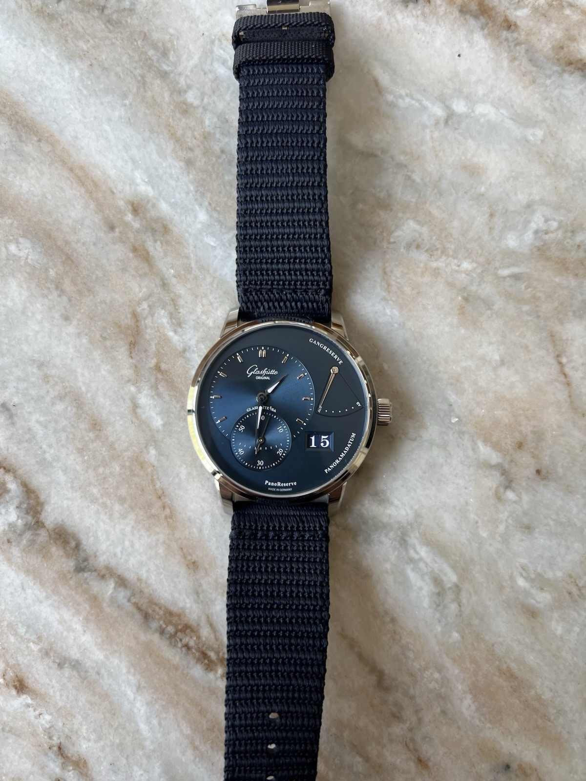 Glashütte Original PanoReserve Blue Dial Manual Date PR Nylon Strap Box Papers