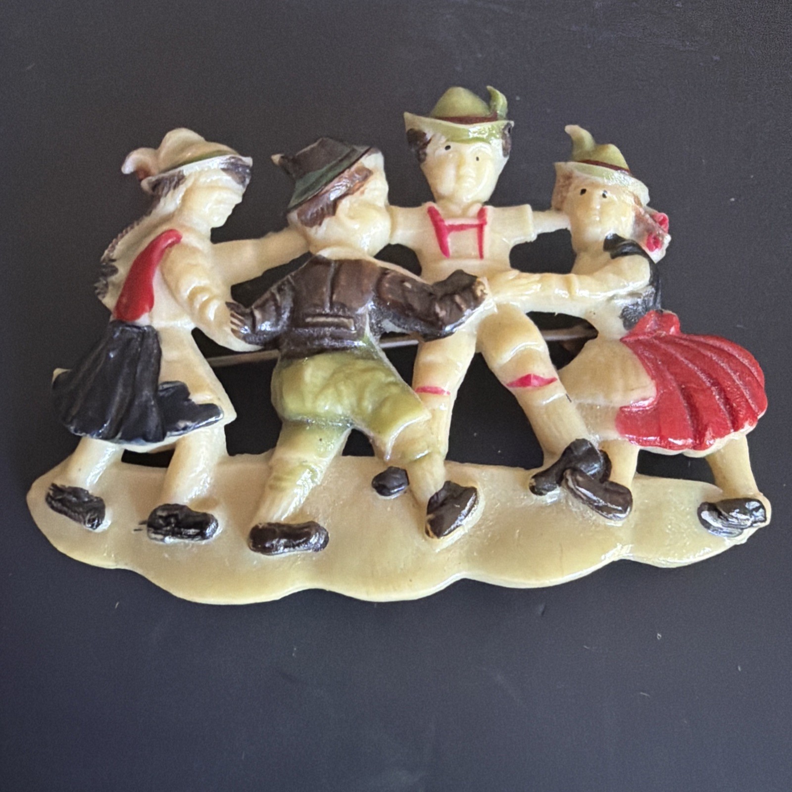 Vintage European Theme Celluloid Hand Painted Pin Brooch Ring Around The Rosie