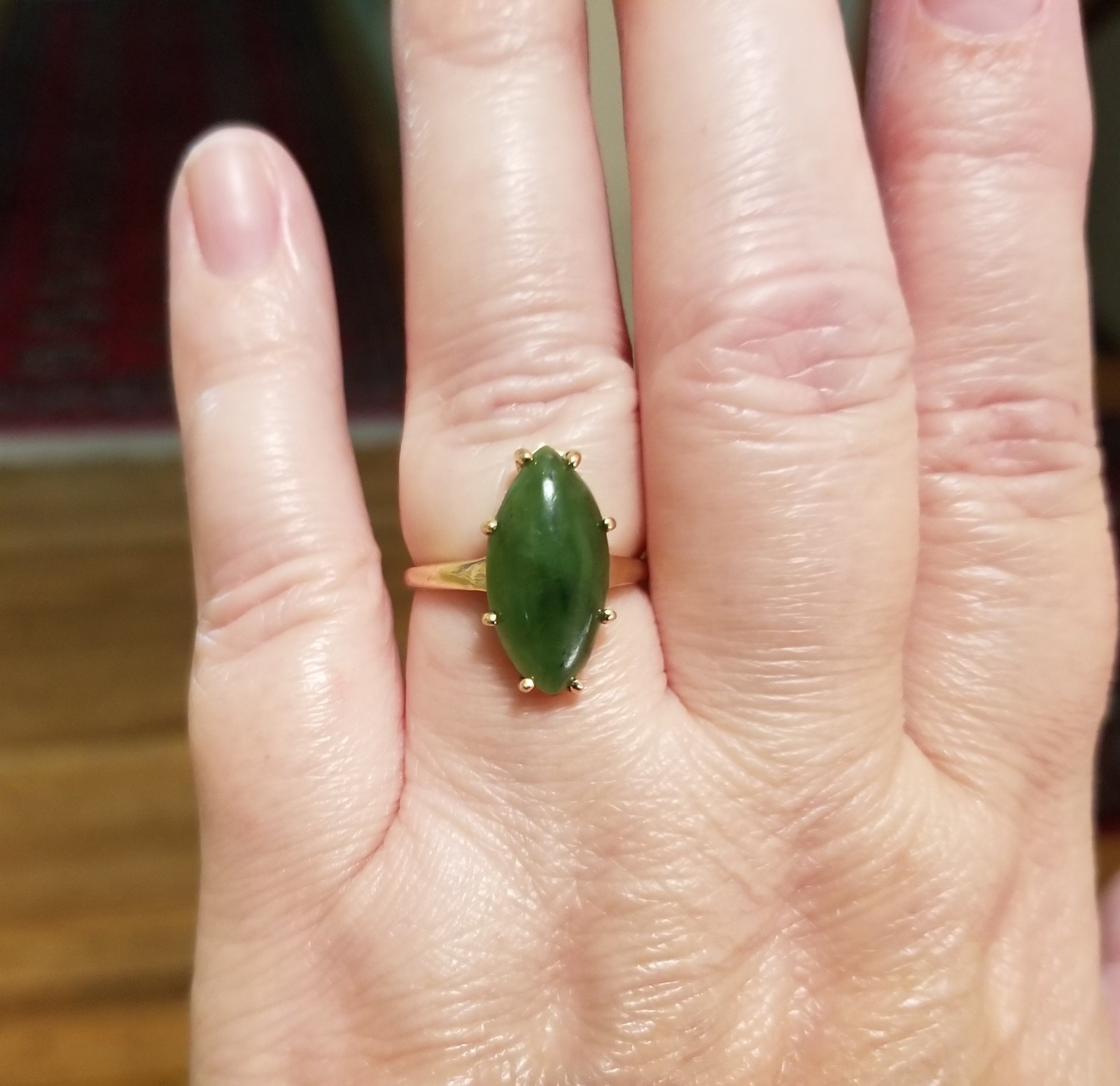 14k Yellow Gold Green Nephrite Jade Marquis Cabochon Ring Size 8 – 4.2 Grams
